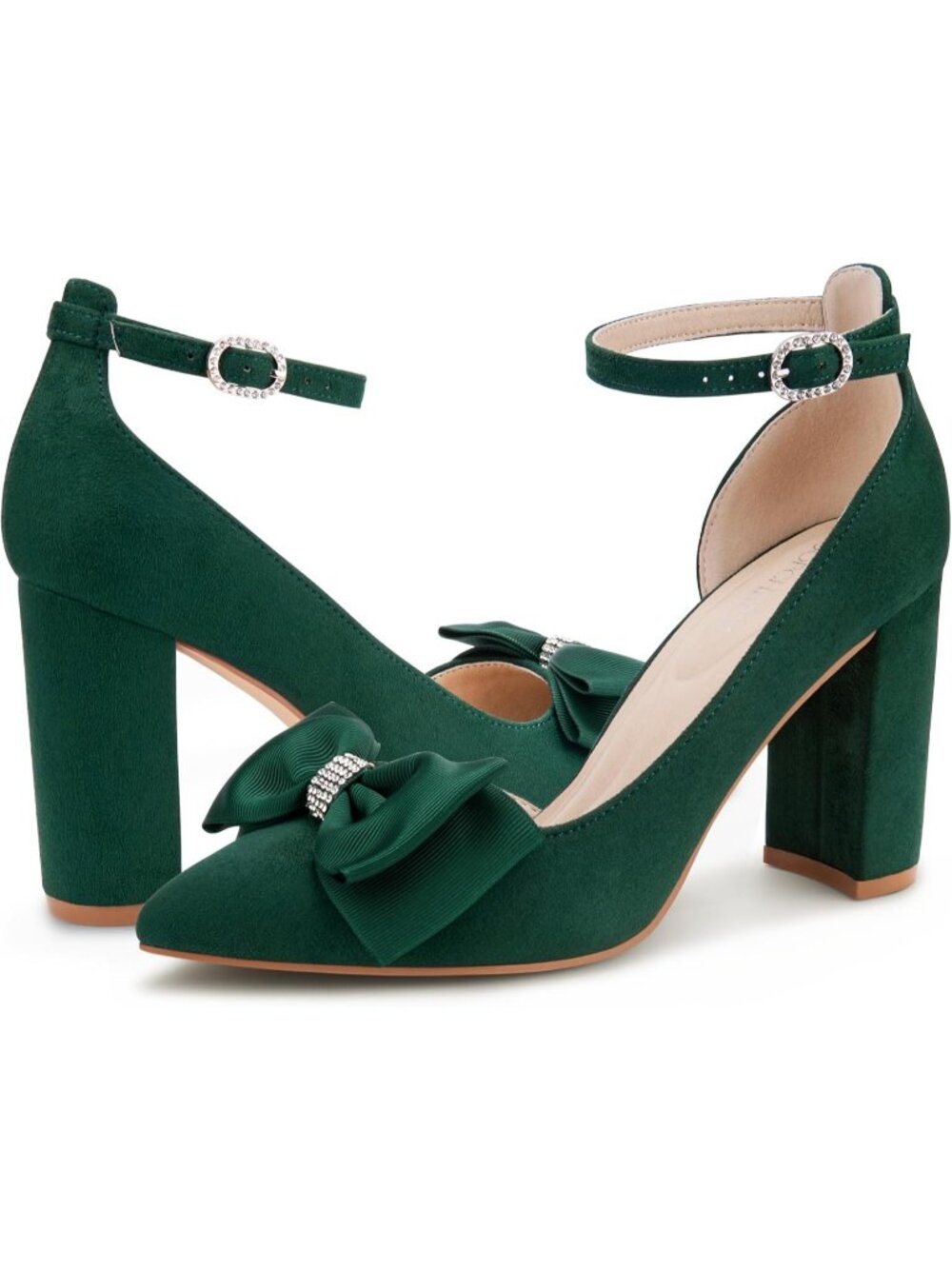 Women's Green Su Pointed Toe Pumps Bow on Toe Ankle Strap Chunky Block Heel - Picture 6 of 6